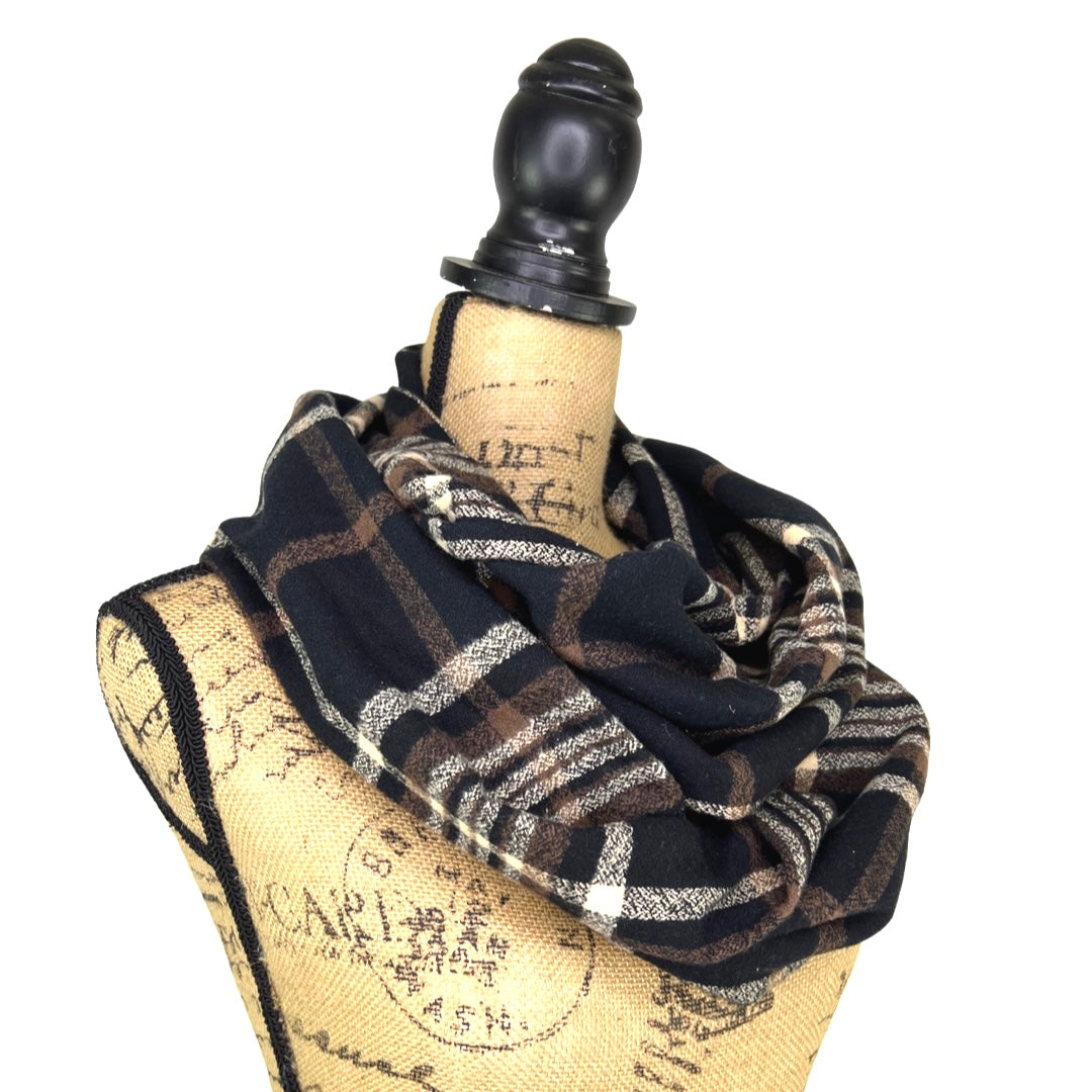 An Autumn Evening Plaid - Deep Rich Tones of Black, Milk Chocolate and Creamy White Plaid Flannel Infinity or Blanket Scarf - Tampa Home & Garden Store