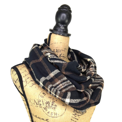 An Autumn Evening Plaid - Deep Rich Tones of Black, Milk Chocolate and Creamy White Plaid Flannel Infinity or Blanket Scarf - Tampa Home & Garden Store