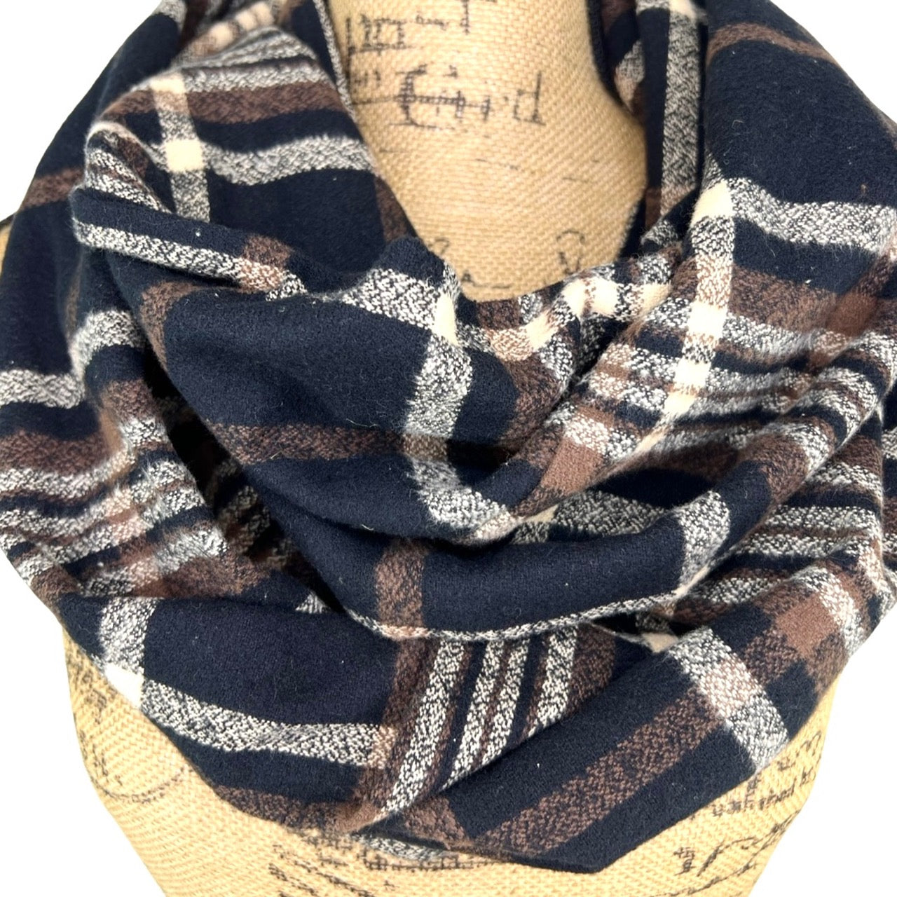 An Autumn Evening Plaid - Deep Rich Tones of Black, Milk Chocolate and Creamy White Plaid Flannel Infinity or Blanket Scarf - Tampa Home & Garden Store