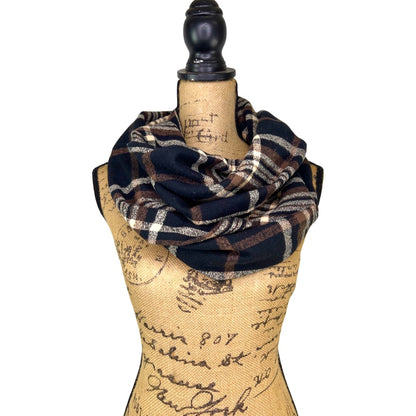 An Autumn Evening Plaid - Deep Rich Tones of Black, Milk Chocolate and Creamy White Plaid Flannel Infinity or Blanket Scarf - Tampa Home & Garden Store