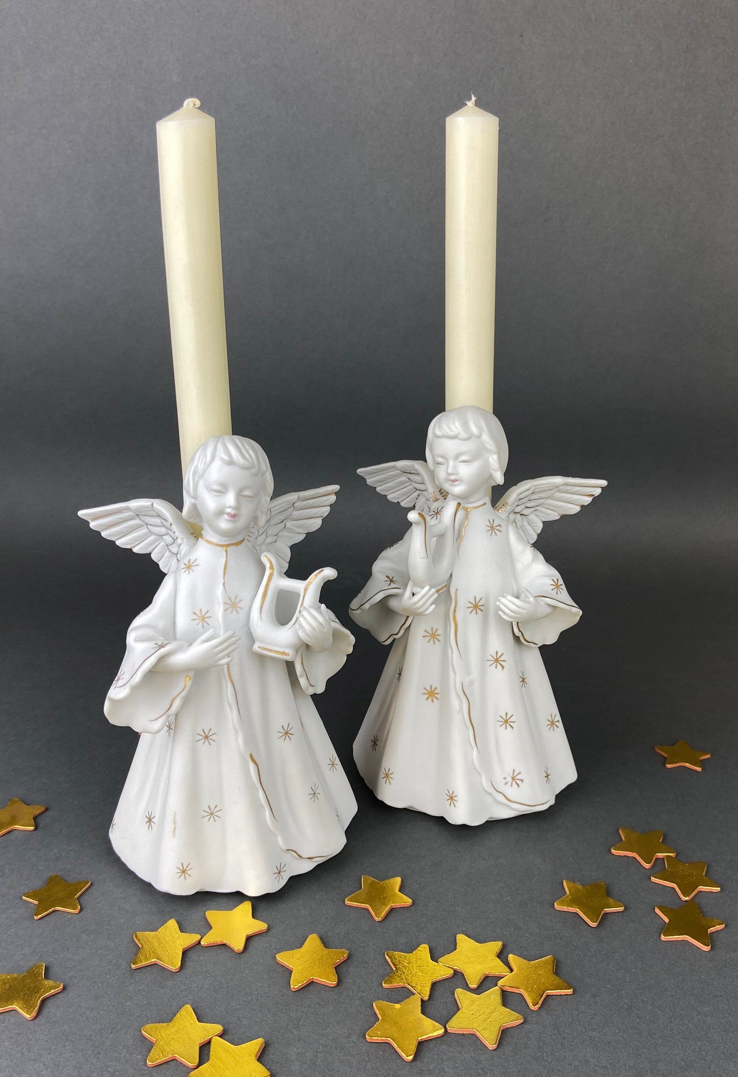 Angel Candle Stick Holders  by Schmid Brothers. Set of Two Porcelain Angels Playing Harp. Made in Japan. - Tampa Home & Garden Store