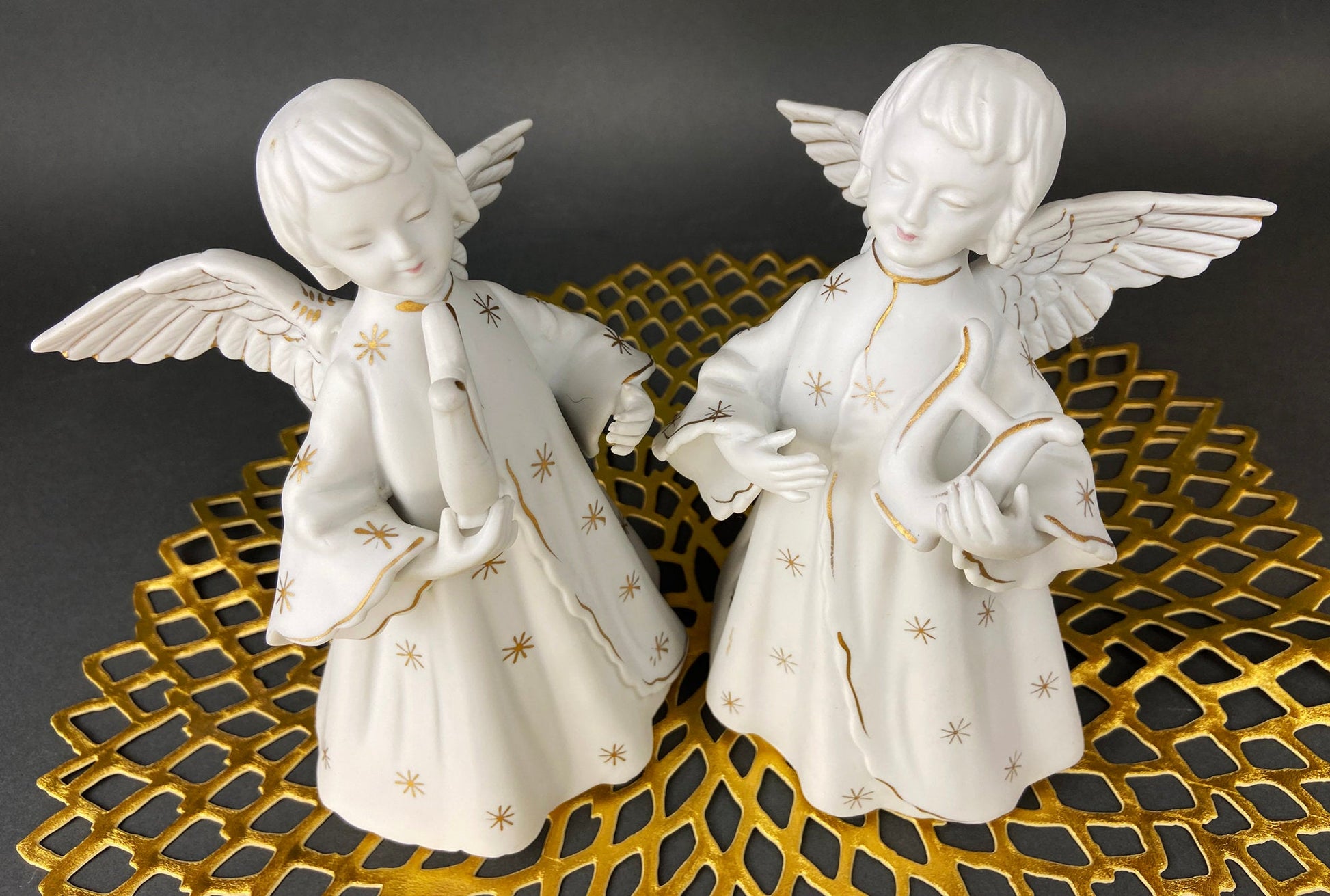 Angel Candle Stick Holders  by Schmid Brothers. Set of Two Porcelain Angels Playing Harp. Made in Japan. - Tampa Home & Garden Store
