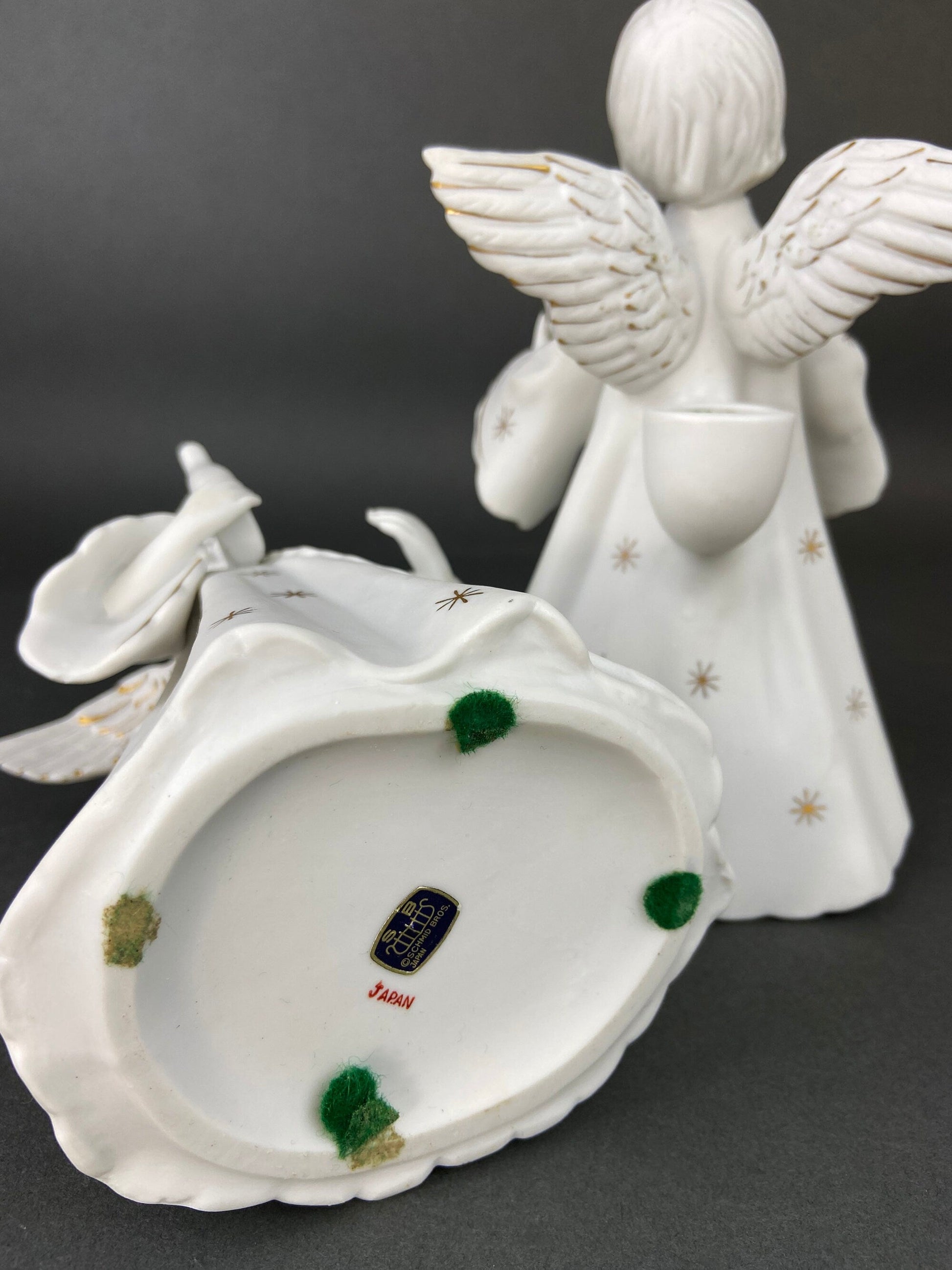 Angel Candle Stick Holders  by Schmid Brothers. Set of Two Porcelain Angels Playing Harp. Made in Japan. - Tampa Home & Garden Store
