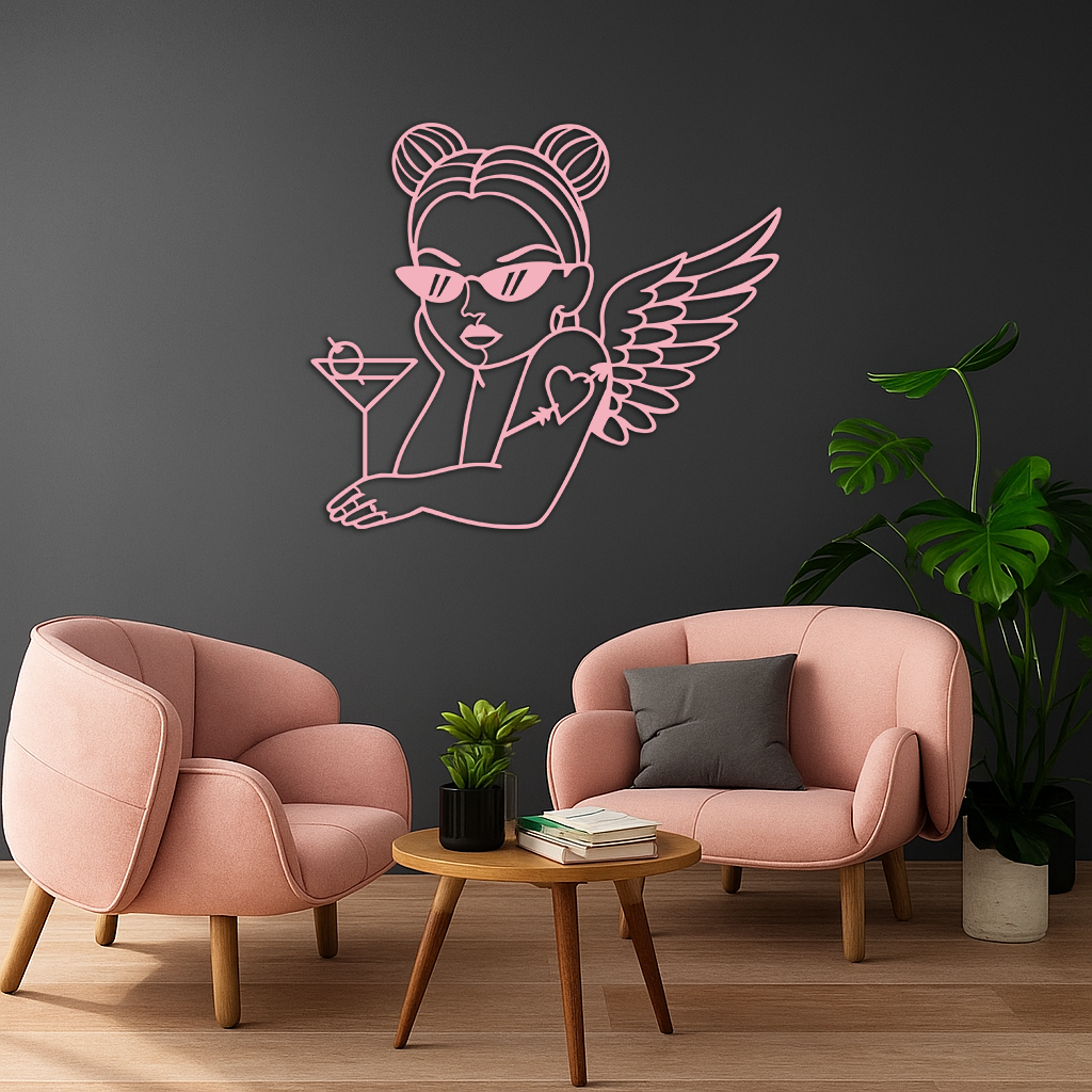 Angel Girl with Sunglasses and Cocktail – Pink Metal Wall Art - KAFGP176 - Tampa Home & Garden Store