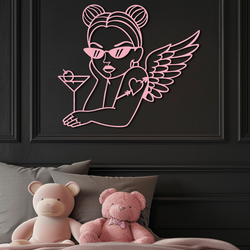 Angel Girl with Sunglasses and Cocktail – Pink Metal Wall Art - KAFGP176 - Tampa Home & Garden Store