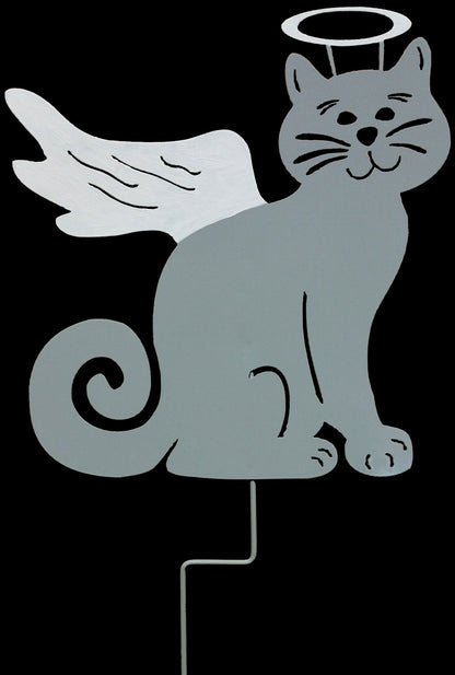 Cat angel memorial garden stake Style 2, gray cat with white wings and halo, metal garden stake on Tampa Home & Garden Store
