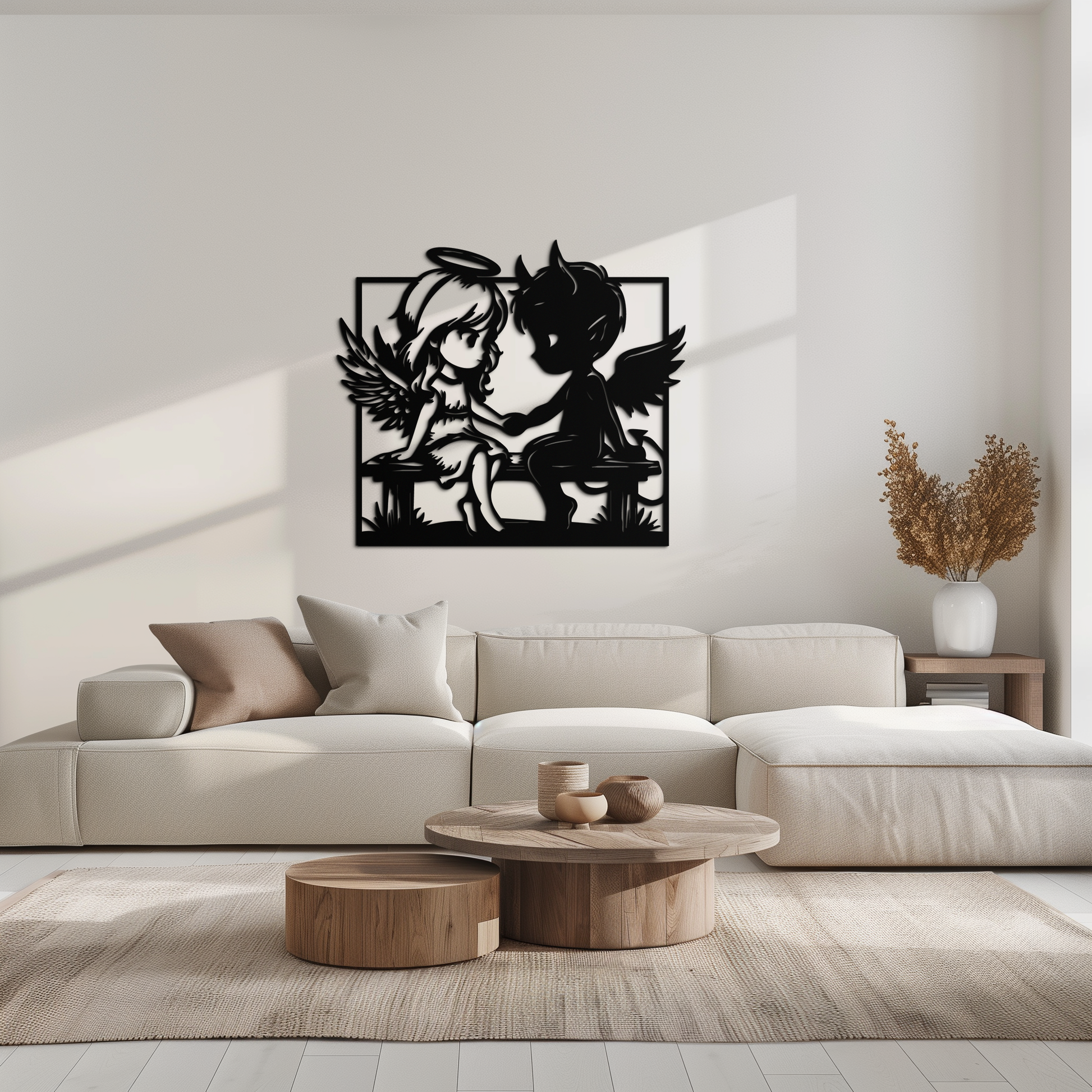 Angel and Devil Holding Hands Metal Wall Art – Whimsical Love Contrast Silhouette- KAF591 - Tampa Home & Garden Store