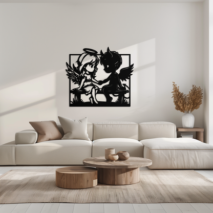 Angel and Devil Holding Hands Metal Wall Art – Whimsical Love Contrast Silhouette- KAF591 - Tampa Home & Garden Store