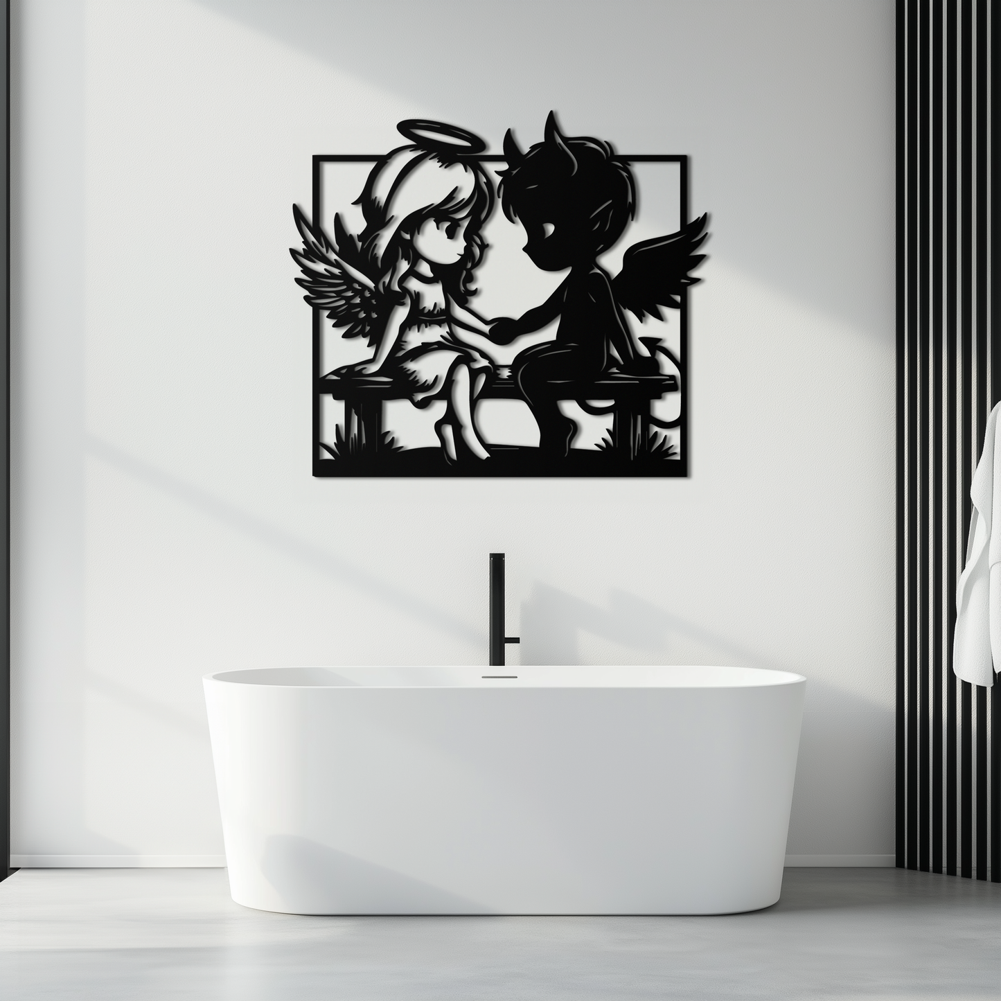 Angel and Devil Holding Hands Metal Wall Art – Whimsical Love Contrast Silhouette- KAF591 - Tampa Home & Garden Store