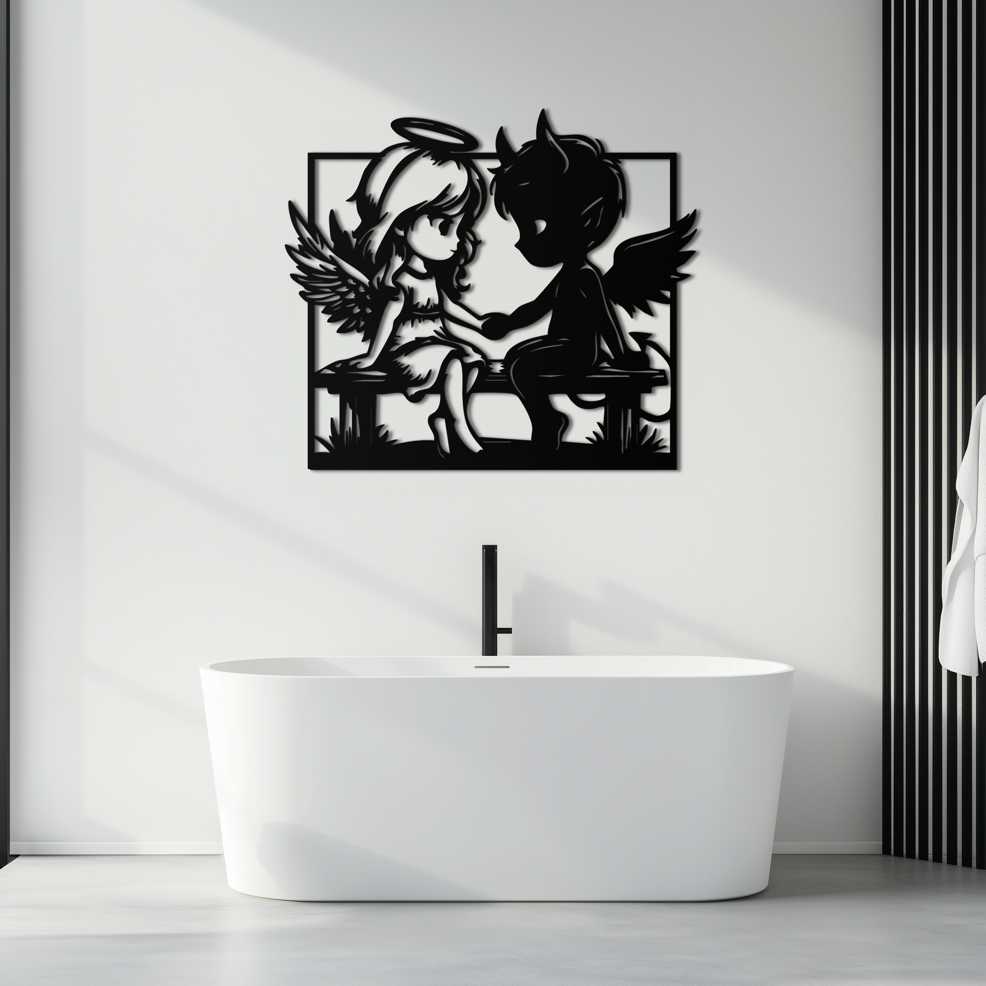 Angel and Devil Holding Hands Metal Wall Art – Whimsical Love Contrast Silhouette- KAF591 - Tampa Home & Garden Store