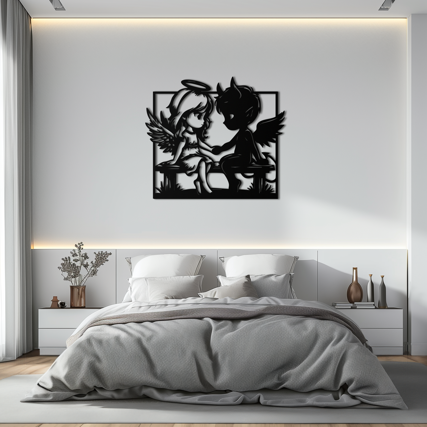 Angel and Devil Holding Hands Metal Wall Art – Whimsical Love Contrast Silhouette- KAF591 - Tampa Home & Garden Store