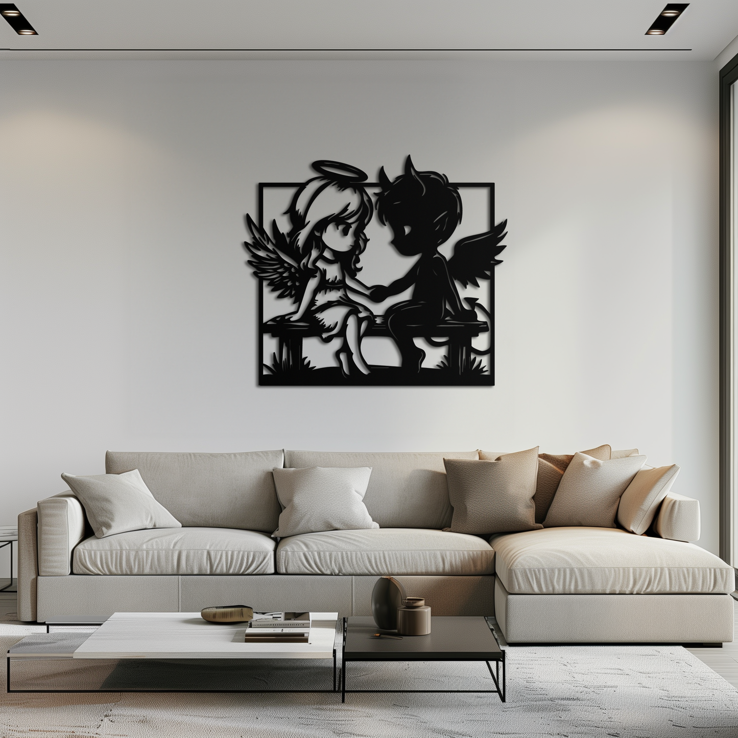Angel and Devil Holding Hands Metal Wall Art – Whimsical Love Contrast Silhouette- KAF591 - Tampa Home & Garden Store