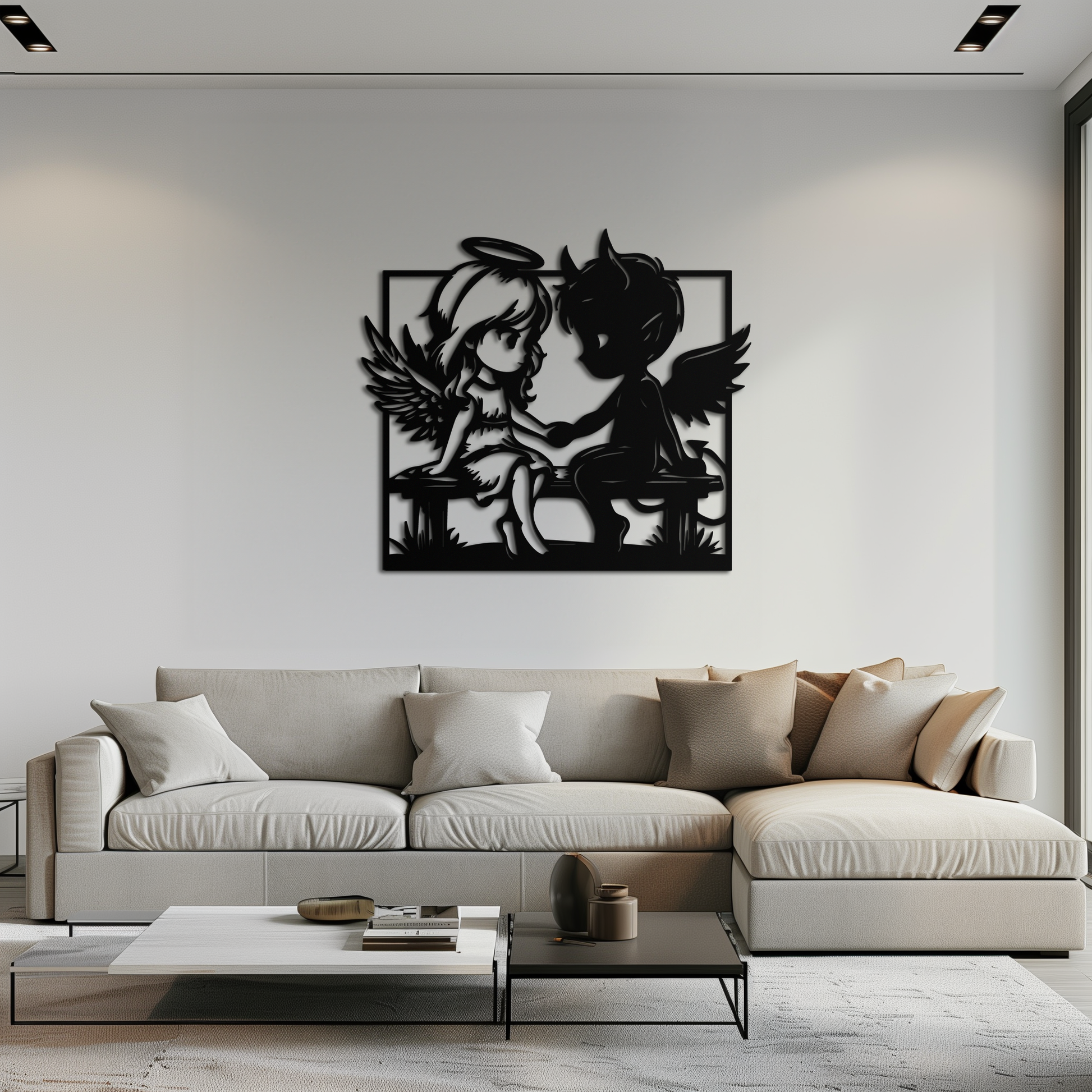 Angel and Devil Holding Hands Metal Wall Art – Whimsical Love Contrast Silhouette- KAF591 - Tampa Home & Garden Store