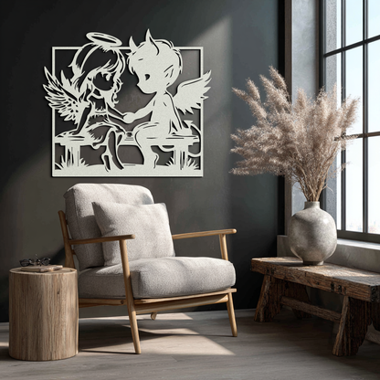 Angel and Devil Holding Hands Metal Wall Art – Whimsical Love Contrast Silhouette- KAF591 - Tampa Home & Garden Store
