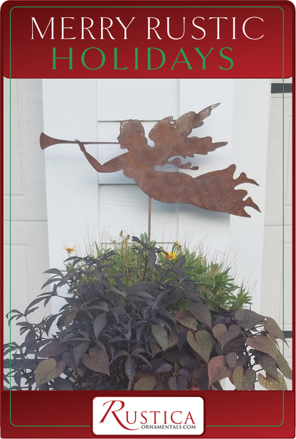 Angel garden stake silhouette in rusted metal with trumpet by Rustica Ornamentals on Tampa Home & Garden Store