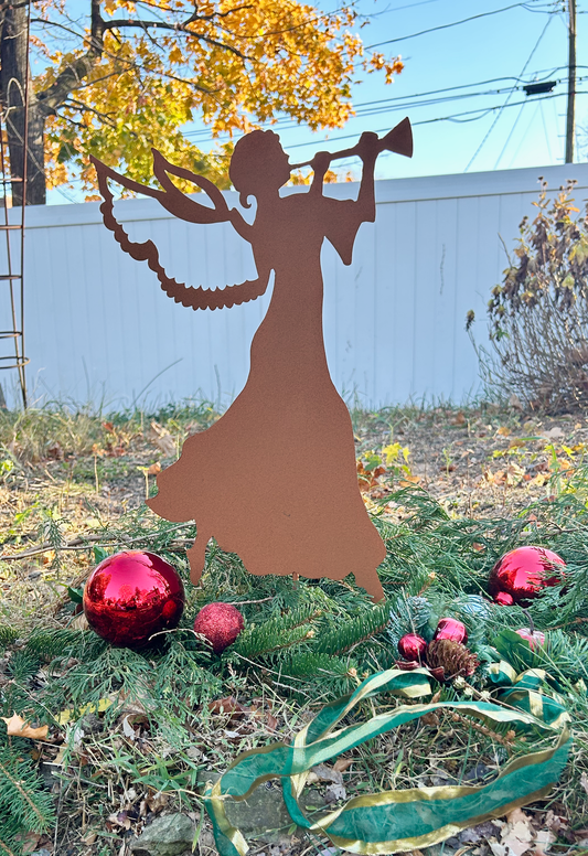 Rust-colored angel garden stake wall art by Rustica Ornamentals for Christmas on Tampa Home & Garden Store