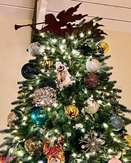 Angel garden stake or angel wall art topper on a Christmas tree, Rustica Ornamentals, ornaments on Tampa Home & Garden Store