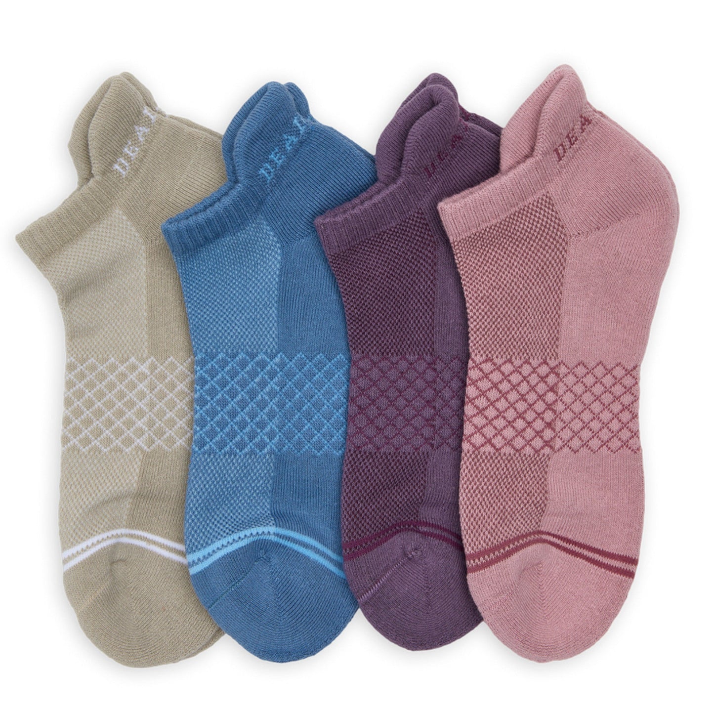 DeadSoxy Cozy Ankle Socks 4-Pack in beige, blue, purple, pink with diamond knit pattern on Tampa Home & Garden Store