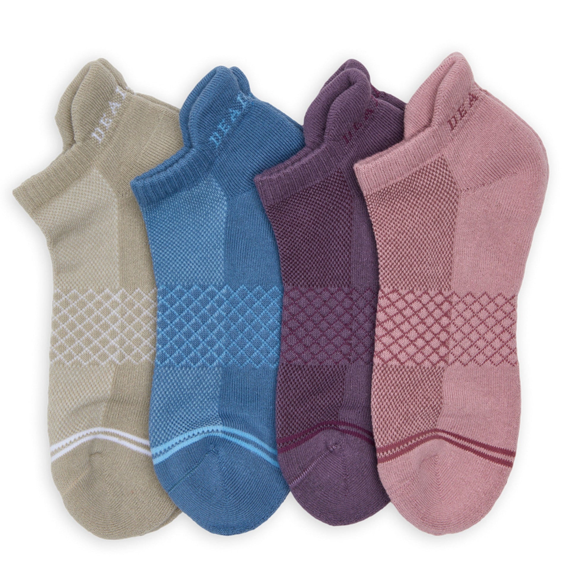 DeadSoxy Cozy Ankle Socks 4-Pack in beige, blue, purple, pink with diamond knit pattern on Tampa Home & Garden Store