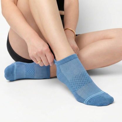 Essentials Ankle Socks 6-Pack DeadSoxy blue ankle socks on model's legs on Tampa Home & Garden Store