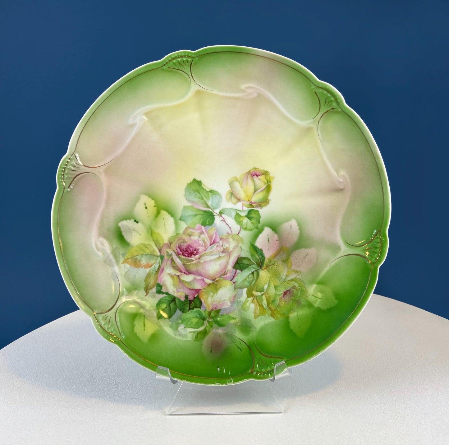Antique 12" Serving or Decorative Plate. Hand Painted Pink Roses.  Dining Room Wall Decor or Collectible Display. Wedding Registry Gift. - Tampa Home & Garden Store