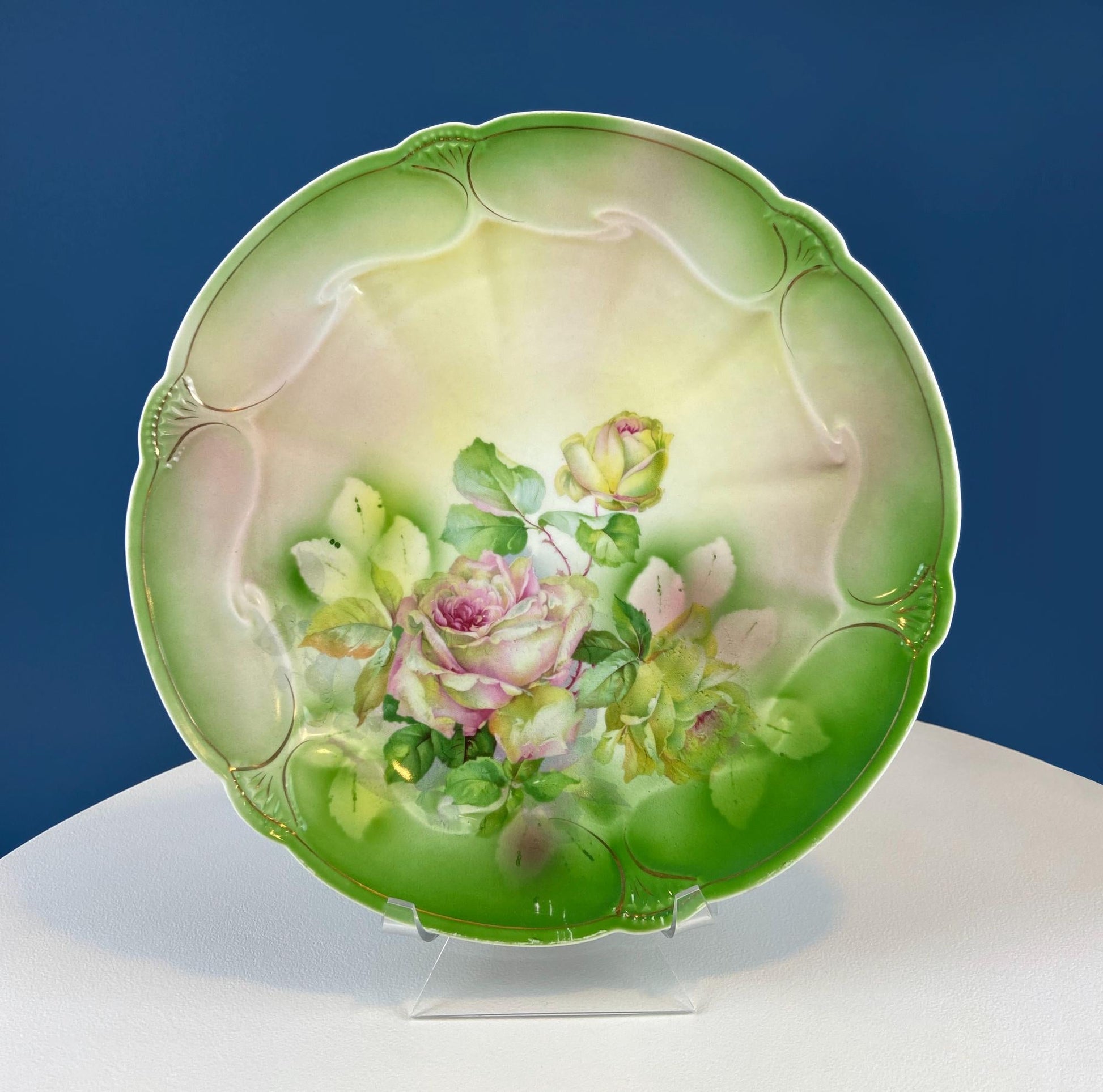 Antique 12" Serving or Decorative Plate. Hand Painted Pink Roses.  Dining Room Wall Decor or Collectible Display. Wedding Registry Gift. - Tampa Home & Garden Store