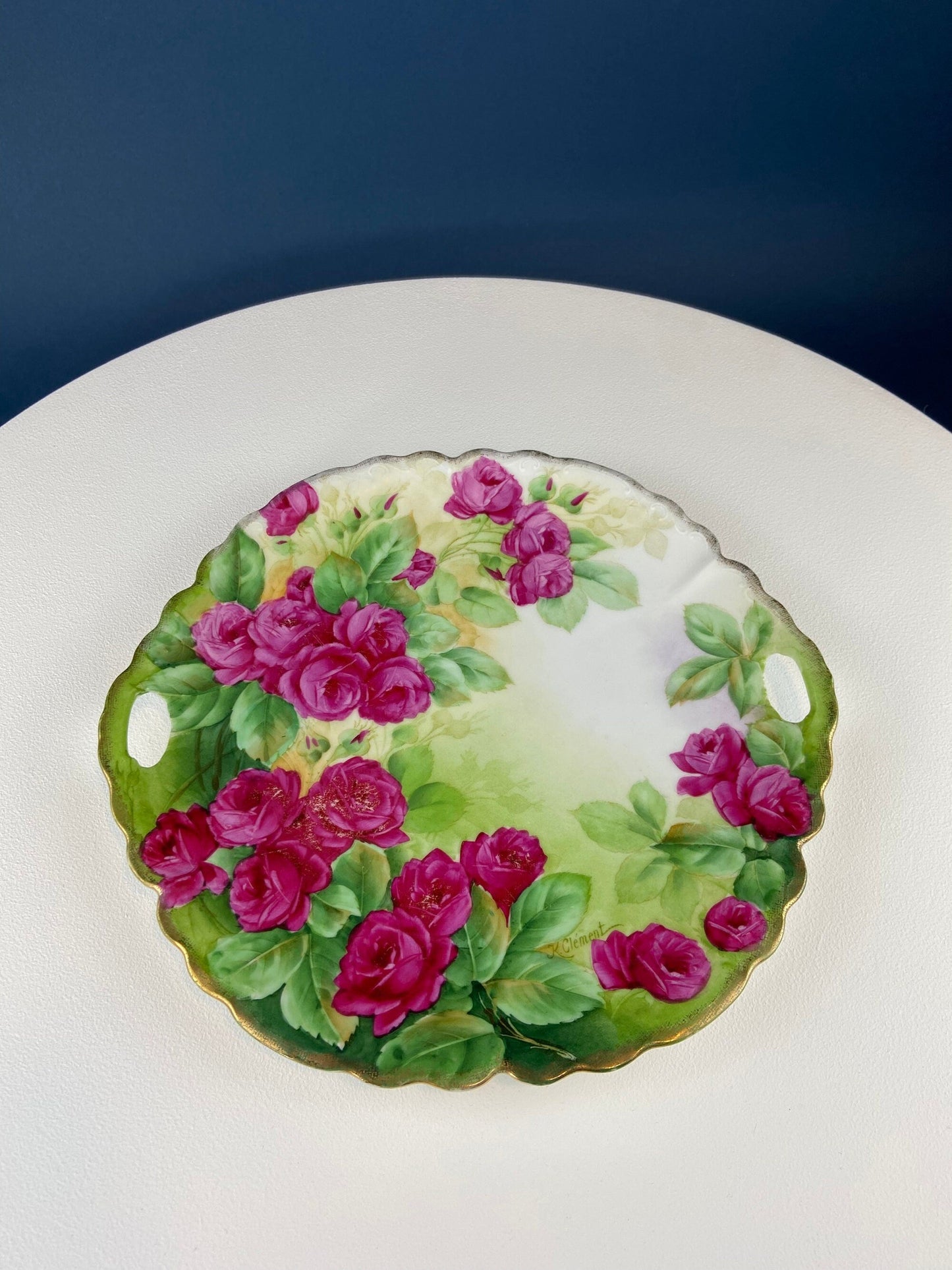Antique 12" Serving or Decorative Plate. Hand Painted Pink Roses.  Dining Room Wall Decor or Collectible Display. Wedding Registry Gift. - Tampa Home & Garden Store