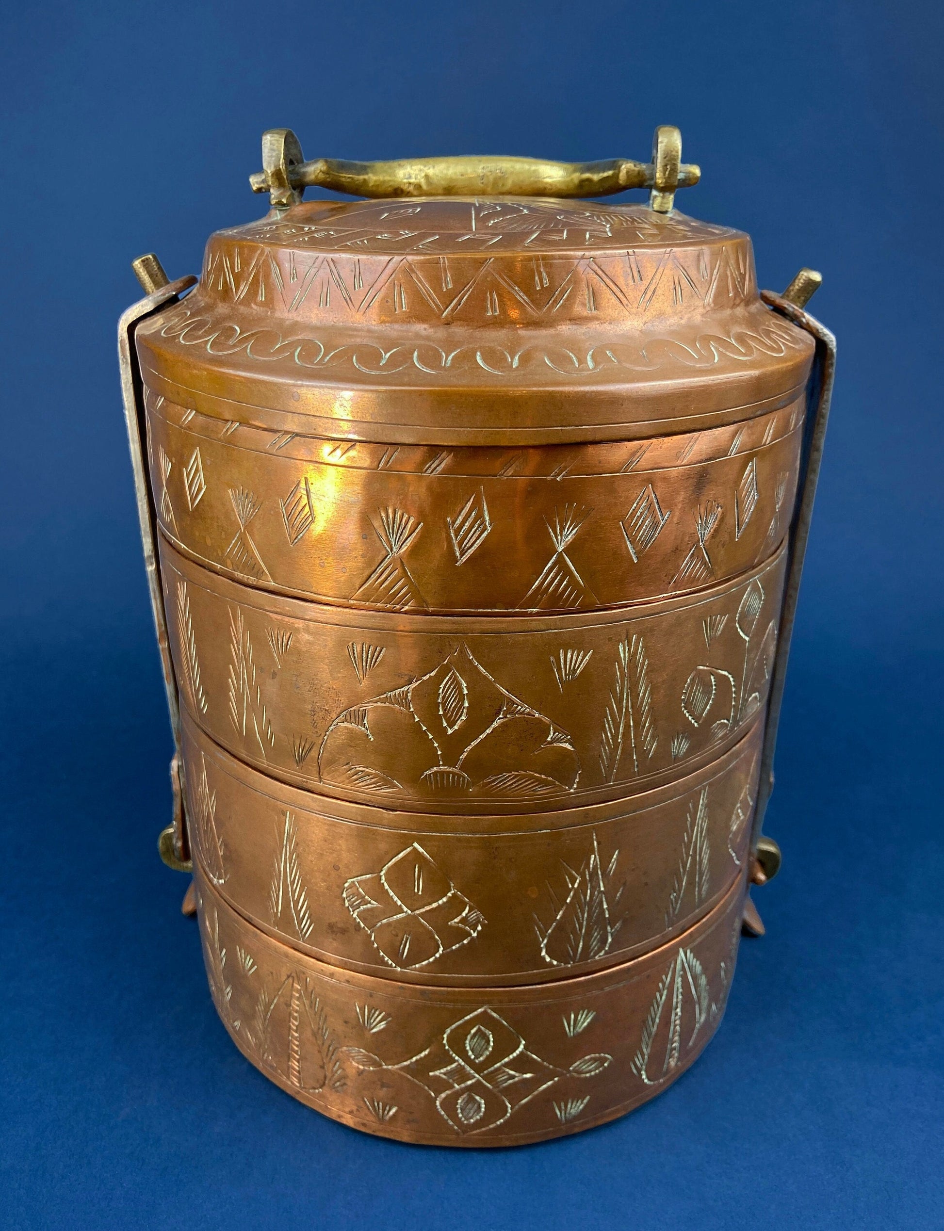 Antique 19th-century Copper and Brass Turkish 4 Stacking Bowls Lunch Box with Handle. Vintage Gifts. - Tampa Home & Garden Store