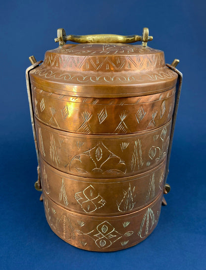 Antique 19th-century Copper and Brass Turkish 4 Stacking Bowls Lunch Box with Handle. Vintage Gifts. - Tampa Home & Garden Store