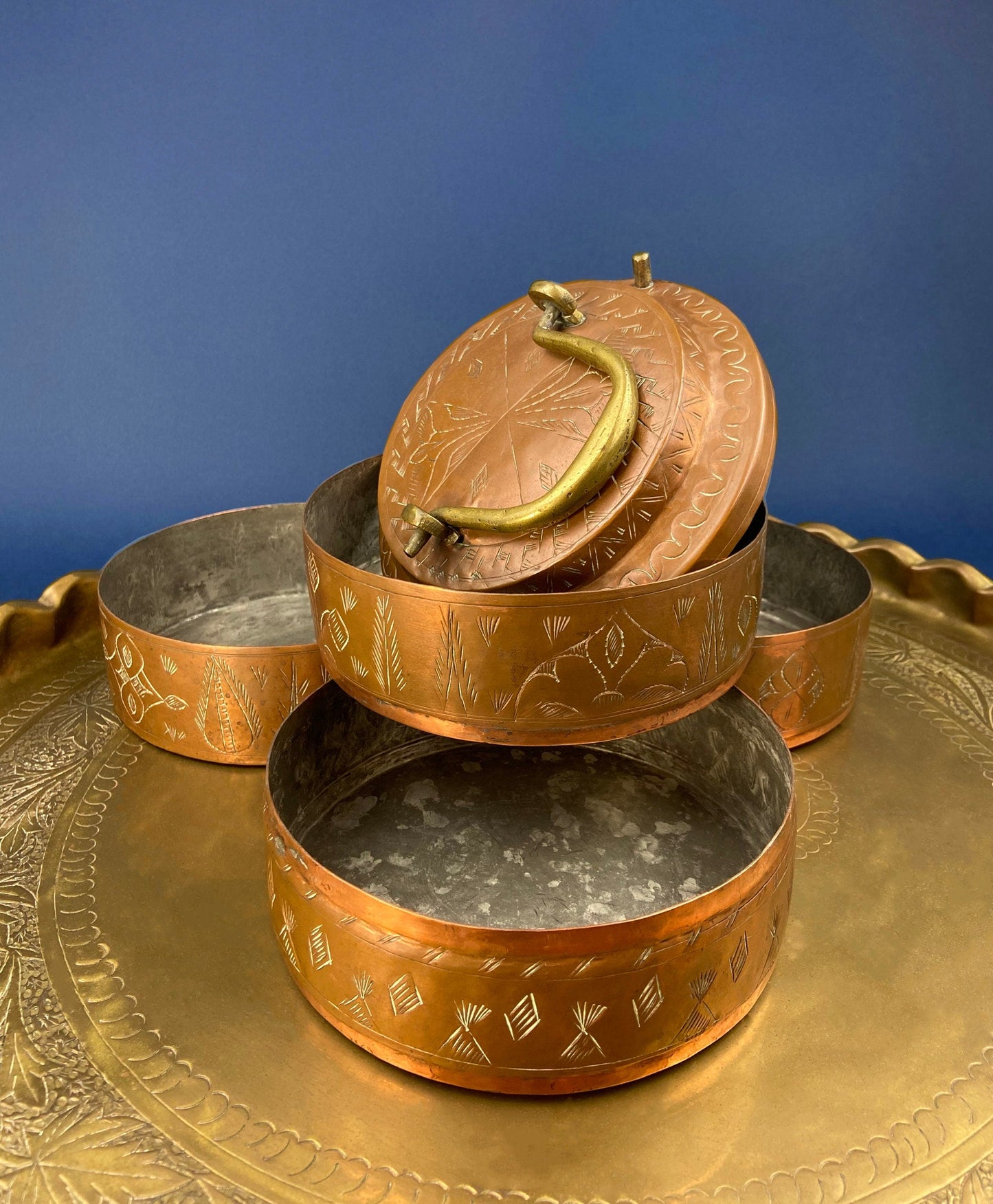 Antique 19th-century Copper and Brass Turkish 4 Stacking Bowls Lunch Box with Handle. Vintage Gifts. - Tampa Home & Garden Store