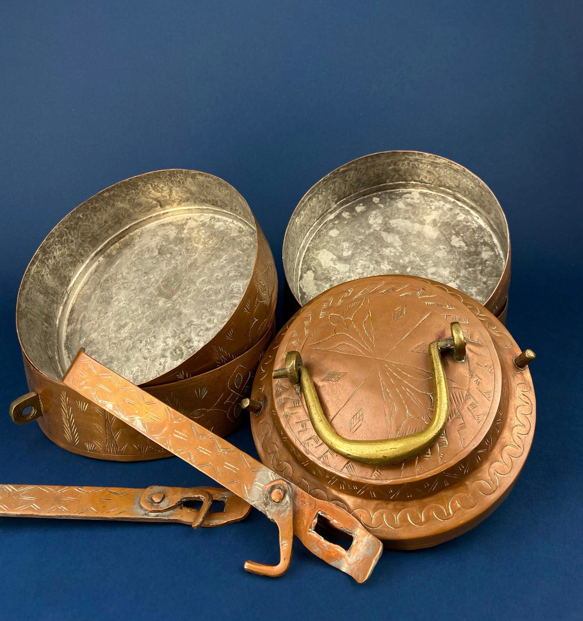 Antique 19th-century Copper and Brass Turkish 4 Stacking Bowls Lunch Box with Handle. Vintage Gifts. - Tampa Home & Garden Store