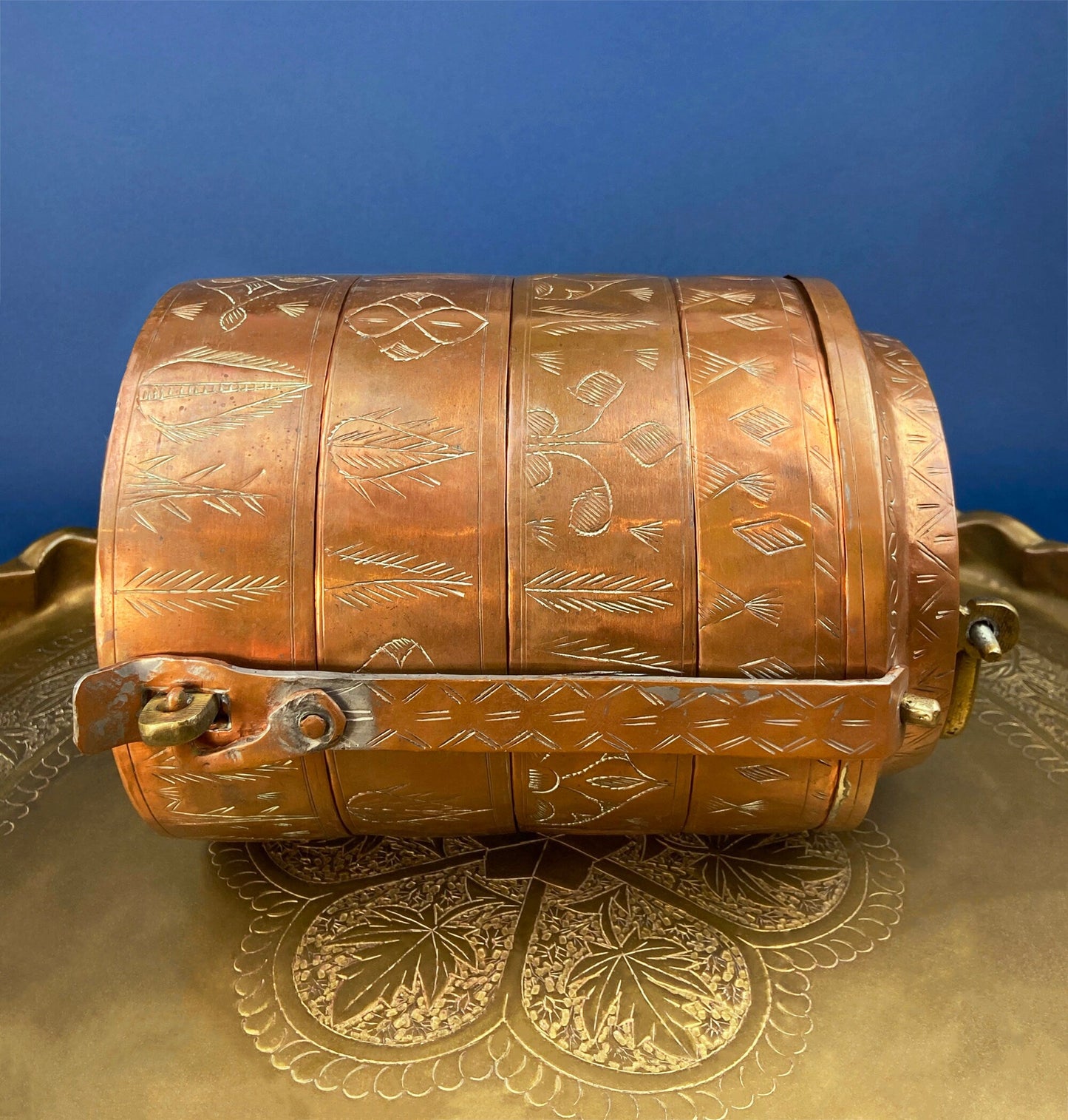 Antique 19th-century Copper and Brass Turkish 4 Stacking Bowls Lunch Box with Handle. Vintage Gifts. - Tampa Home & Garden Store