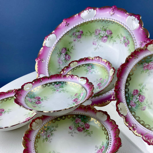 Antique Austrian Hand Painted Porcelain Serving Bowl with Matching Salad Dessert Bowls. Rose Motif Ornate Scalloped Edge. Dining Room Decor. - Tampa Home & Garden Store