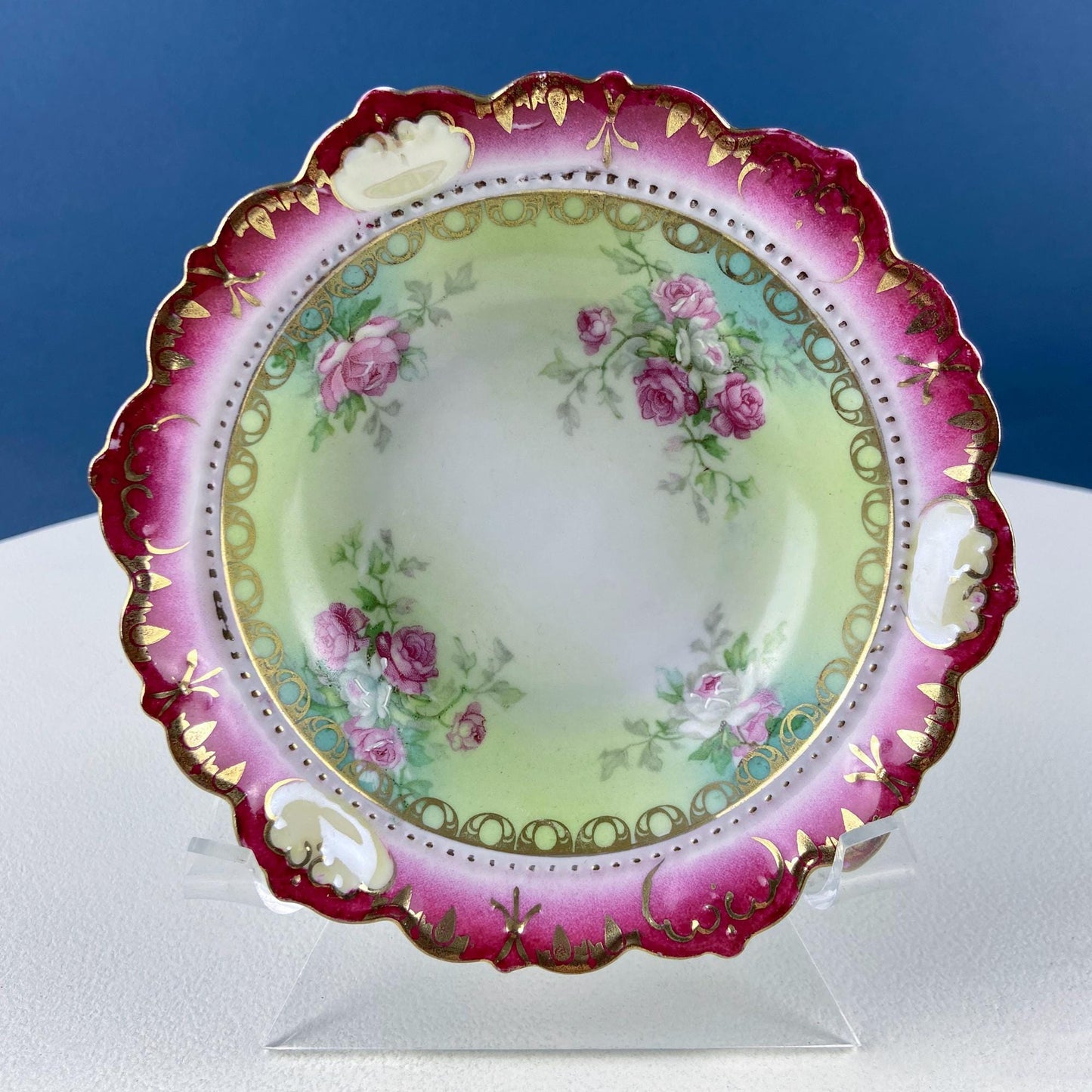 Antique Austrian Hand Painted Porcelain Serving Bowl with Matching Salad Dessert Bowls. Rose Motif Ornate Scalloped Edge. Dining Room Decor. - Tampa Home & Garden Store