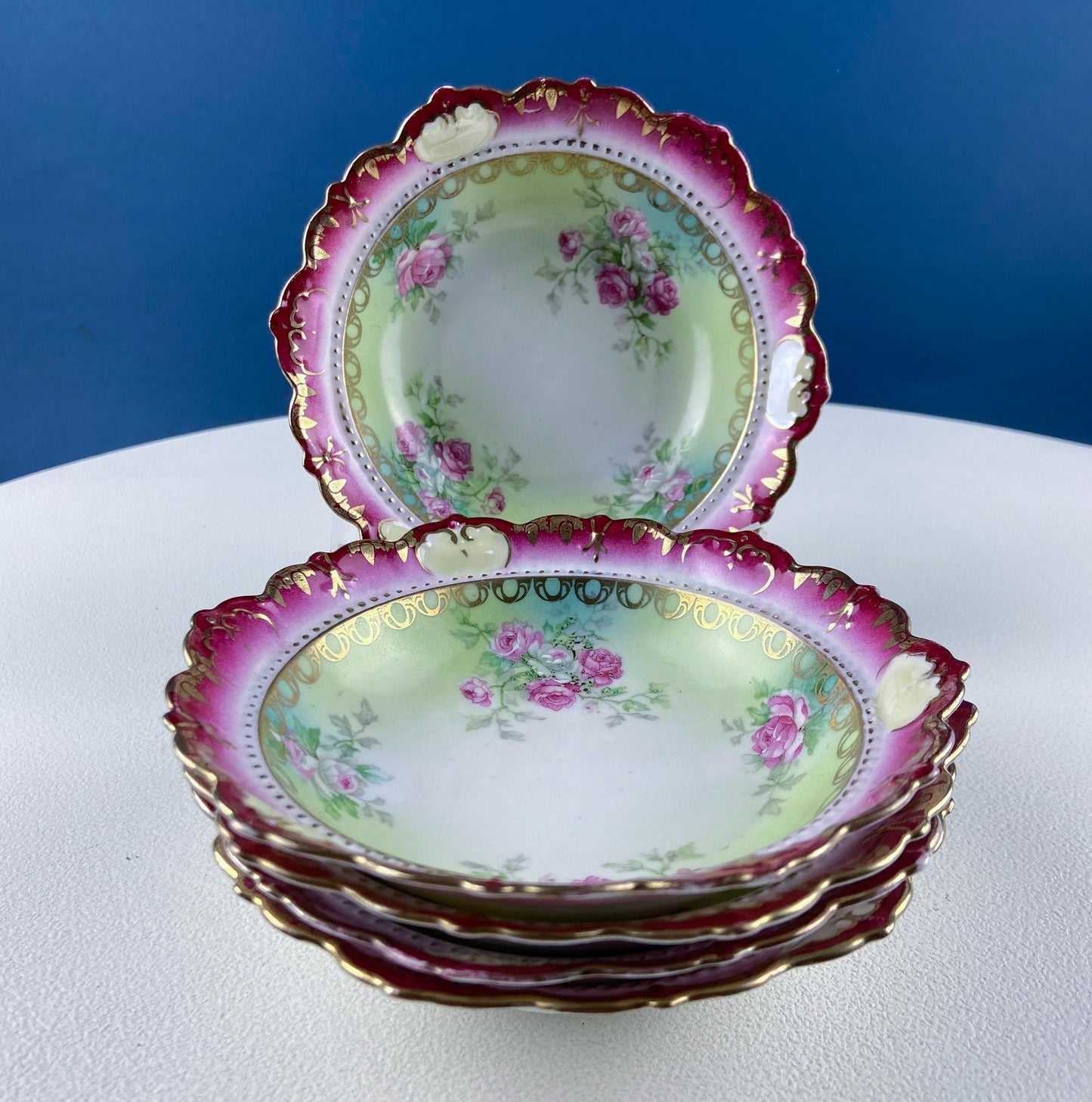 Antique Austrian Hand Painted Porcelain Serving Bowl with Matching Salad Dessert Bowls. Rose Motif Ornate Scalloped Edge. Dining Room Decor. - Tampa Home & Garden Store