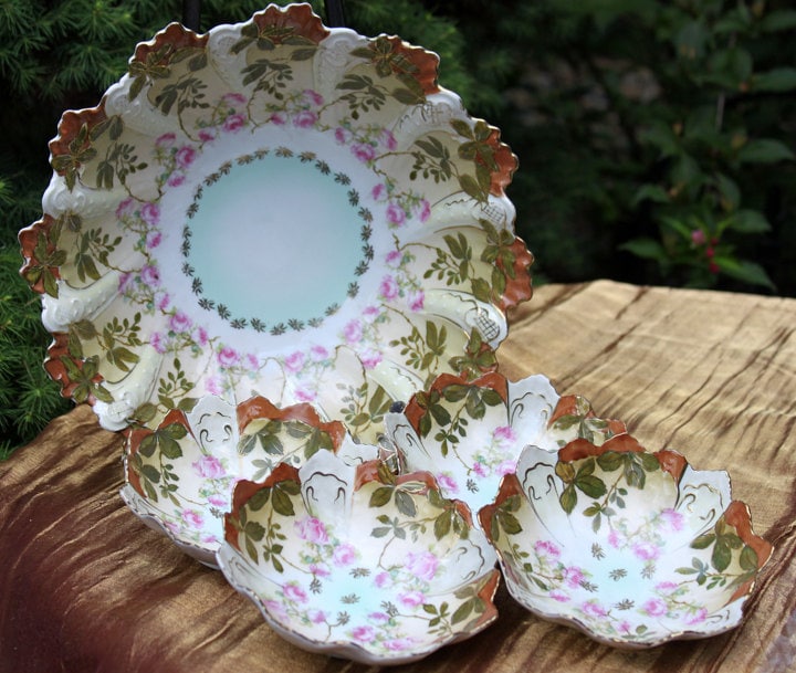 Antique Austrian Hand Painted Porcelain Serving Bowl with Matching Salad Dessert Bowls. Rose Motif Ornate Scalloped Edge. Dining Room Decor. - Tampa Home & Garden Store