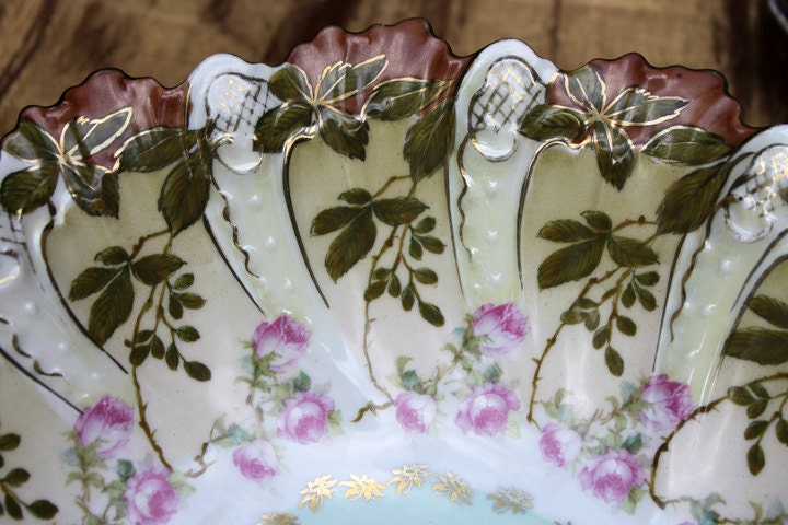 Antique Austrian Hand Painted Porcelain Serving Bowl with Matching Salad Dessert Bowls. Rose Motif Ornate Scalloped Edge. Dining Room Decor. - Tampa Home & Garden Store