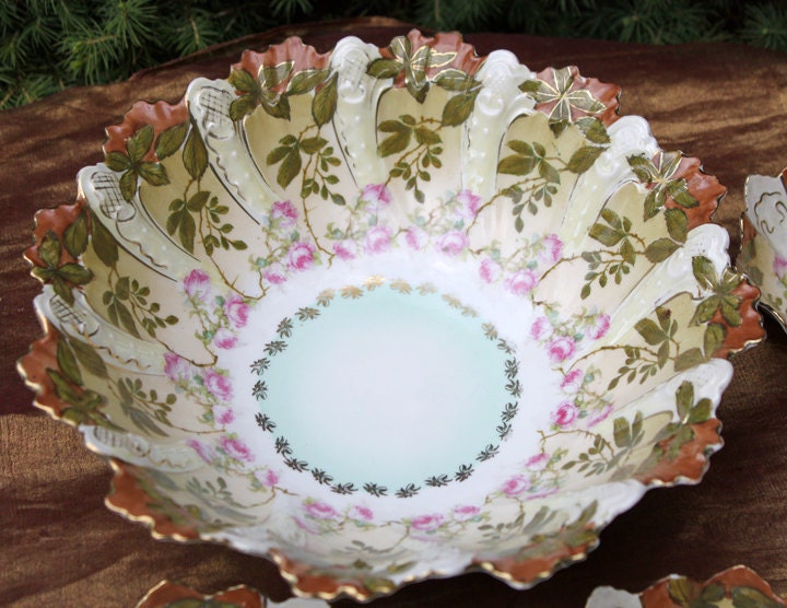 Antique Austrian Hand Painted Porcelain Serving Bowl with Matching Salad Dessert Bowls. Rose Motif Ornate Scalloped Edge. Dining Room Decor. - Tampa Home & Garden Store