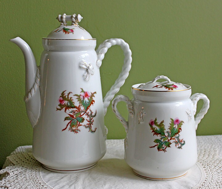 Antique Bavarian Coffee Pot. UNO Favorite, European Porcelain with Hand-Painted Violets. Fine Collectible China. - Tampa Home & Garden Store