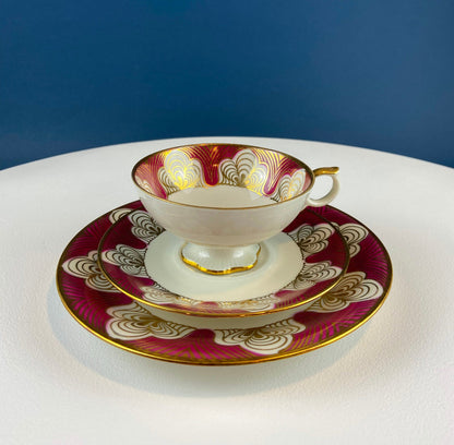 Antique Bavarian Cup, Saucer and Dessert Plate by Elgenbein Porcelain. Gold and Red Floral Pattern. Dining Room Decor. Mid Century Modern. - Tampa Home & Garden Store