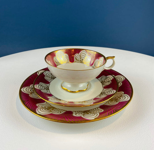 Antique Bavarian Cup, Saucer and Dessert Plate by Elgenbein Porcelain. Gold and Red Floral Pattern. Dining Room Decor. Mid Century Modern. - Tampa Home & Garden Store