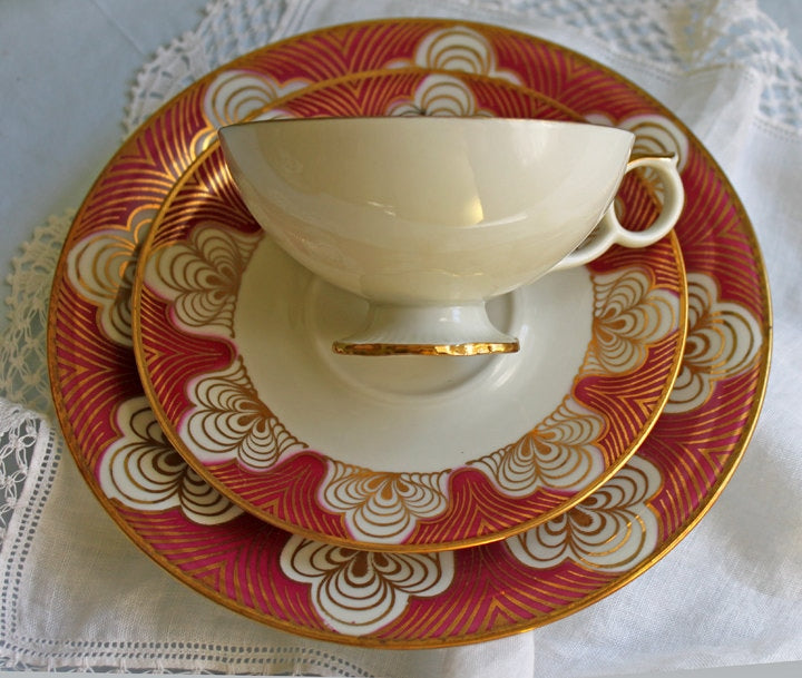 Antique Bavarian Cup, Saucer and Dessert Plate by Elgenbein Porcelain. Gold and Red Floral Pattern. Dining Room Decor. Mid Century Modern. - Tampa Home & Garden Store