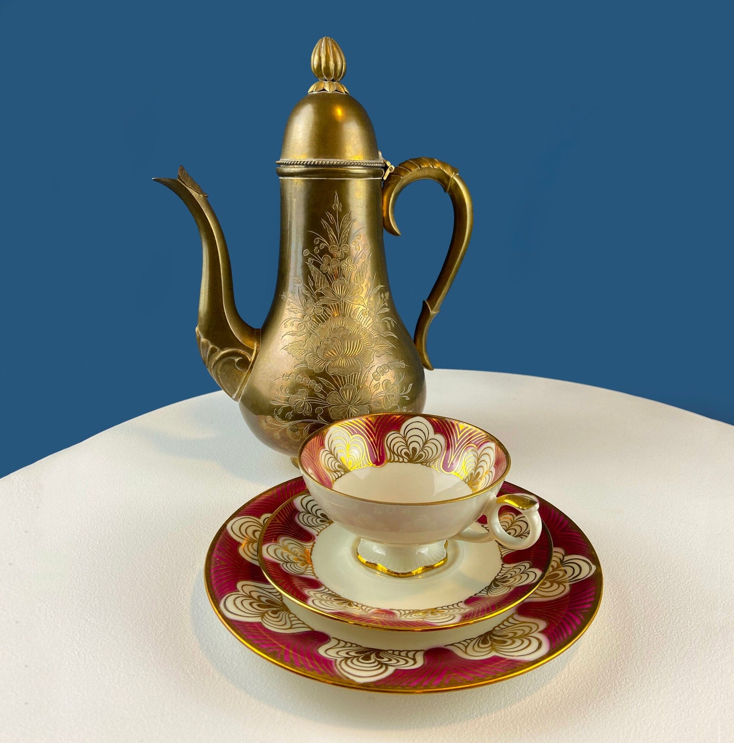 Antique Bavarian Cup, Saucer and Dessert Plate by Elgenbein Porcelain. Gold and Red Floral Pattern. Dining Room Decor. Mid Century Modern. - Tampa Home & Garden Store