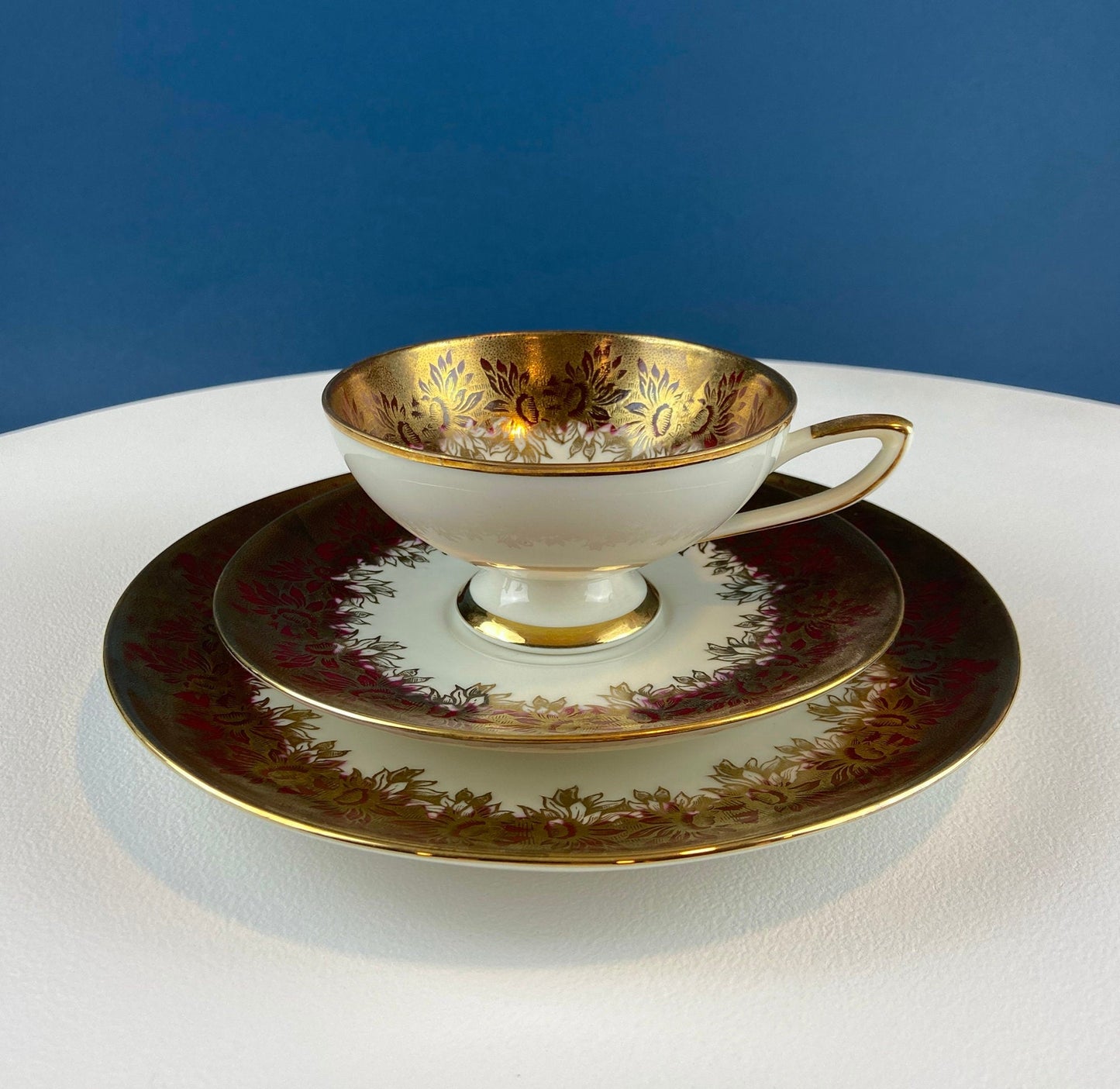 Antique Bavarian Cup, Saucer and Dessert Plate by Elgenbein Porcelain. Gold and Red Floral Pattern. Dining Room Decor. Mid Century Modern. - Tampa Home & Garden Store