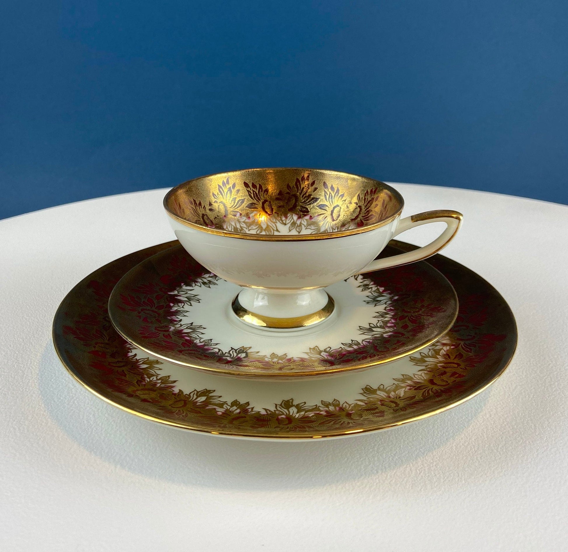 Antique Bavarian Cup, Saucer and Dessert Plate by Elgenbein Porcelain. Gold and Red Floral Pattern. Dining Room Decor. Mid Century Modern. - Tampa Home & Garden Store