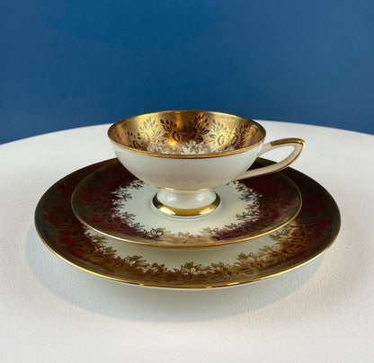 Antique Bavarian Cup, Saucer and Dessert Plate by Elgenbein Porcelain. Gold and Red Floral Pattern. Dining Room Decor. Mid Century Modern. - Tampa Home & Garden Store