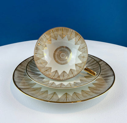 Antique Bavarian Porcelain Tea Cup Trio. Porcelain Cup, Saucer, Dessert Plate in Gold Green White Geometrical Motif. Maud Dining Room Decor. - Tampa Home & Garden Store