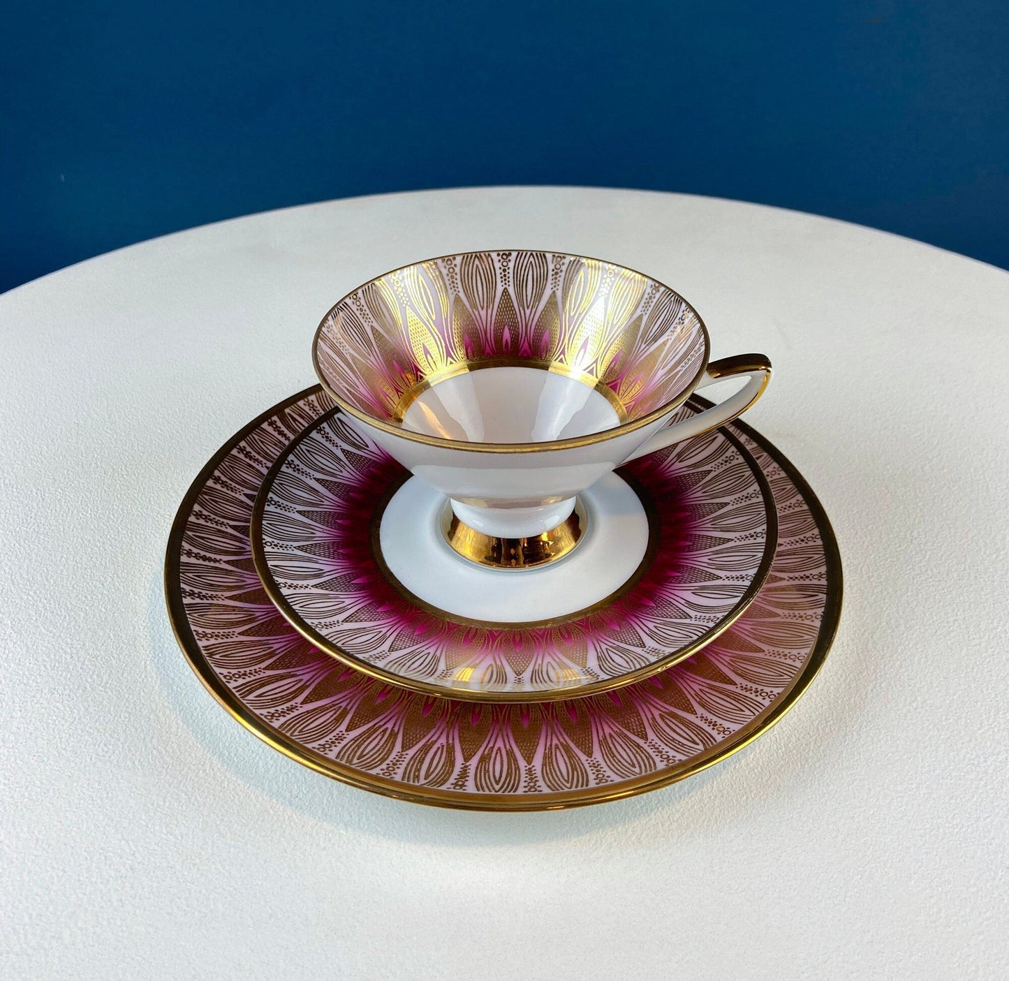 Antique Bavarian Porcelain Tea Trio. Winterling Roslaw. Cup, Saucer, and Dessert Plate in Gold and Pink. Modern Lotus Pattern. - Tampa Home & Garden Store