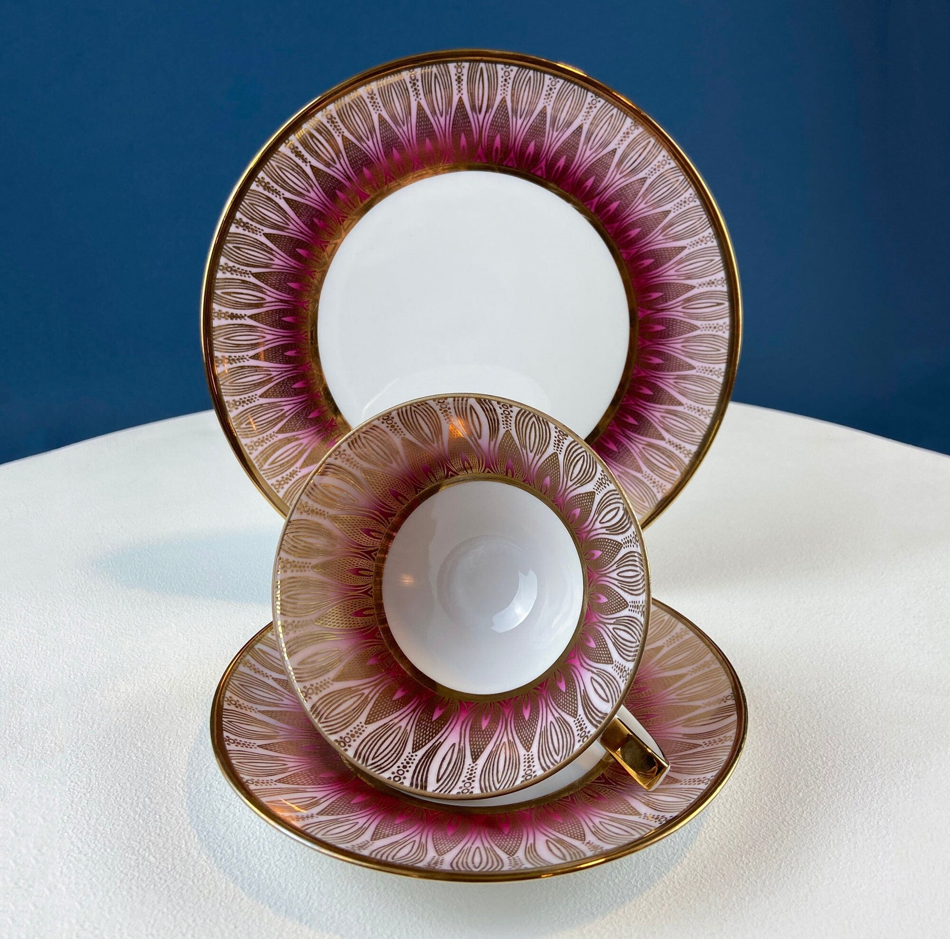 Antique Bavarian Porcelain Tea Trio. Winterling Roslaw. Cup, Saucer, and Dessert Plate in Gold and Pink. Modern Lotus Pattern. - Tampa Home & Garden Store
