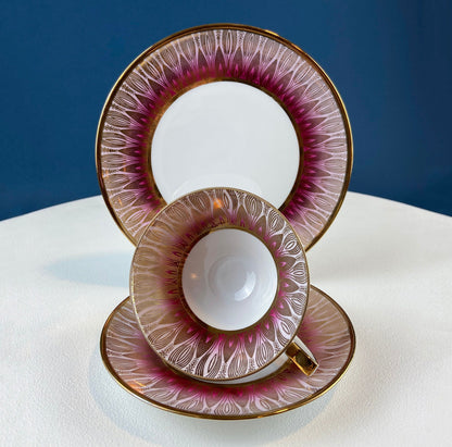Antique Bavarian Porcelain Tea Trio. Winterling Roslaw. Cup, Saucer, and Dessert Plate in Gold and Pink. Modern Lotus Pattern. - Tampa Home & Garden Store